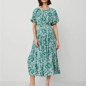 Ann Taylor Maxi Puff Sleeve Dress with Split Neck w button- Floral Green & Blue